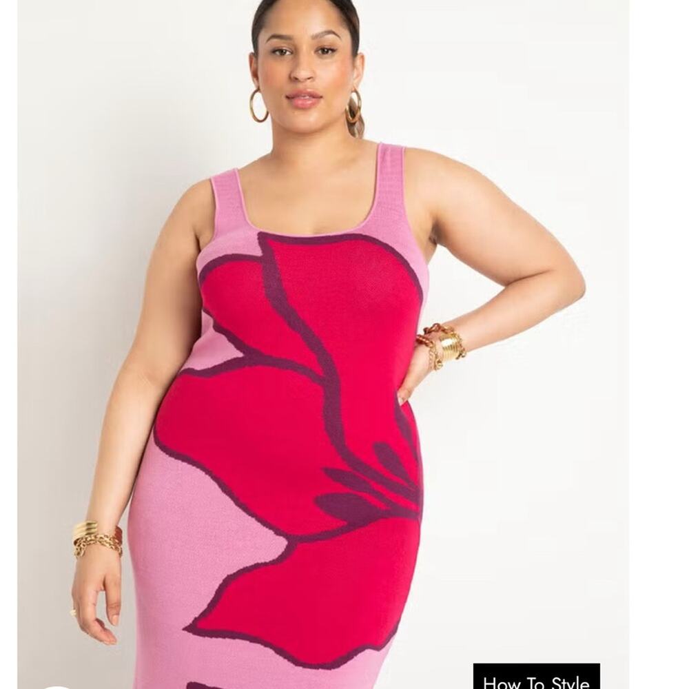 Eloquii Pink and White Asymmetrical Bodycon Midi Dress - Picture 2 of 4